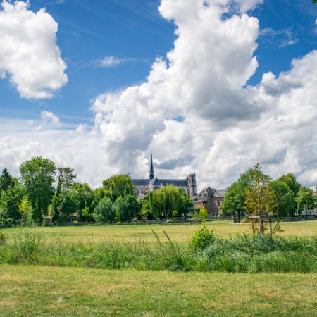 Vue sur Notre Dame d'Amiens depuis un champ verdoyant